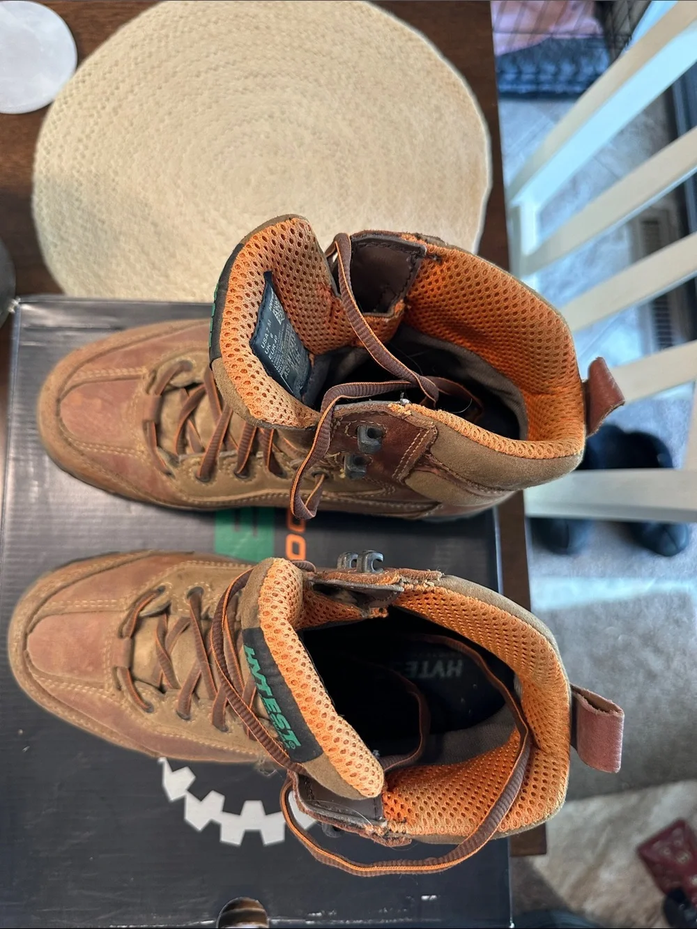 Well worn Hytest steel toe boots